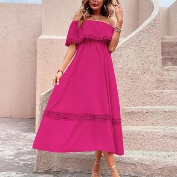 Hot Pink Off Shoulder Midi Dress - Picture 3 of 6